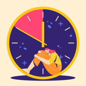 Illustration of depressed woman curled up in front of large clock